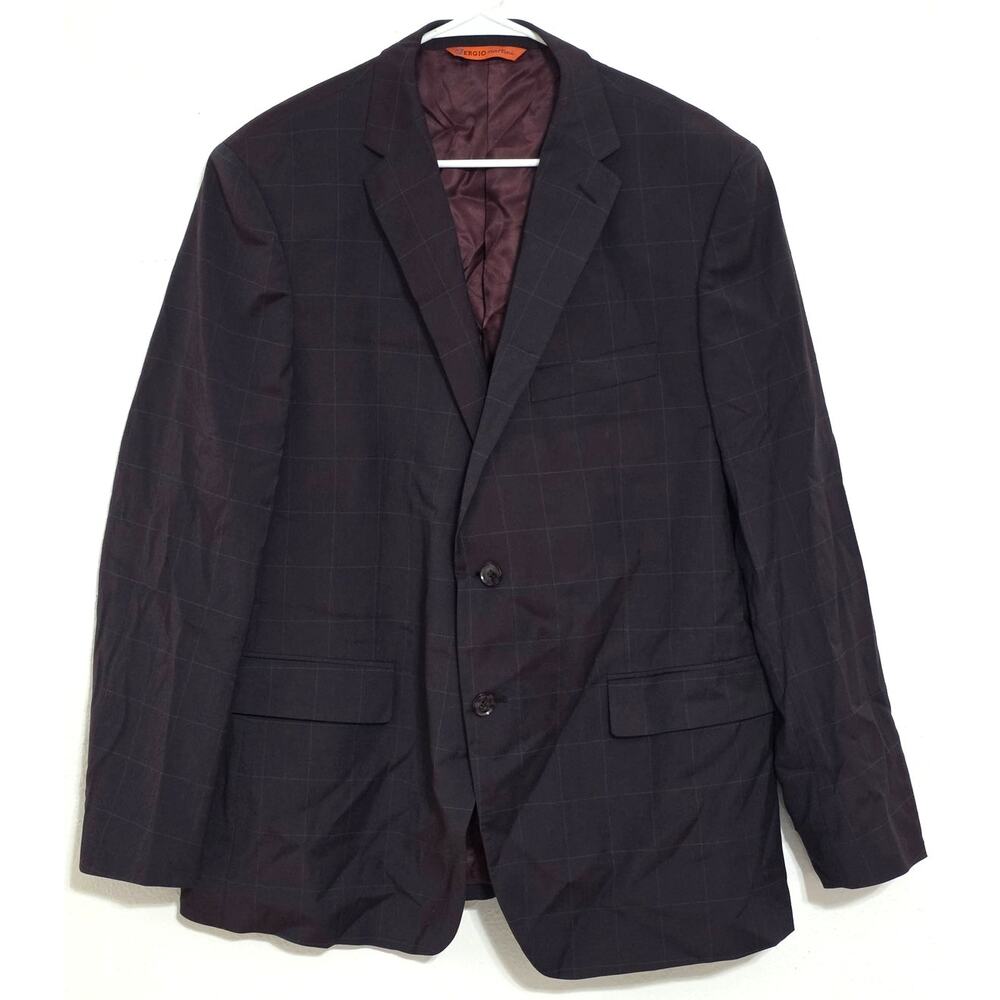 Sergio Martini Hand Tailored Plaid Windowpane Suit Jacket Maroon Size 44R